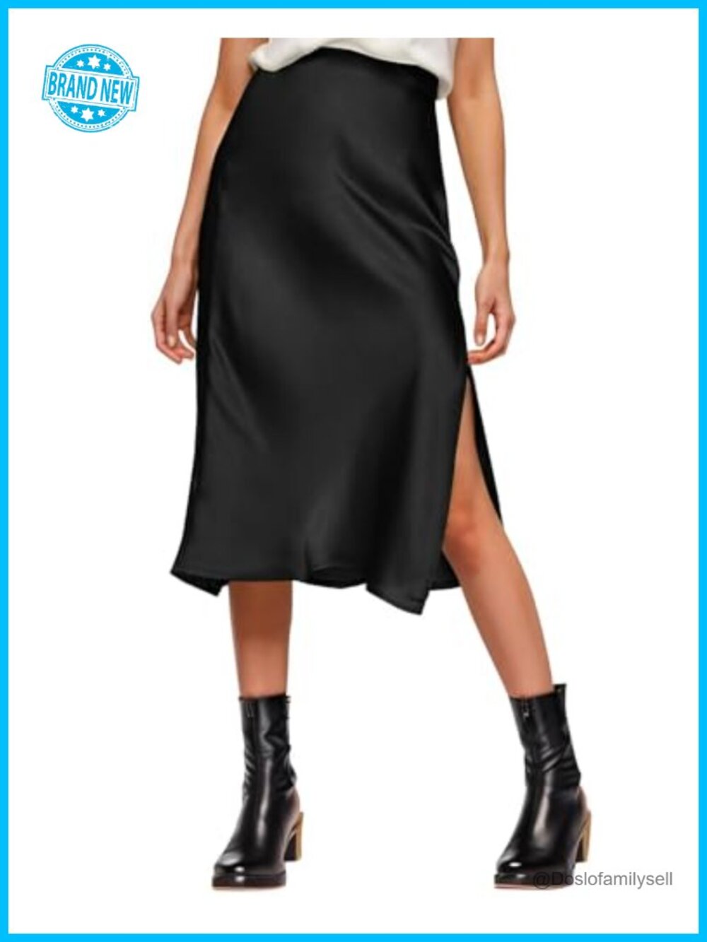 Satin Silk High Waist Slit Midi Skirt for Women - Pull On A-Line